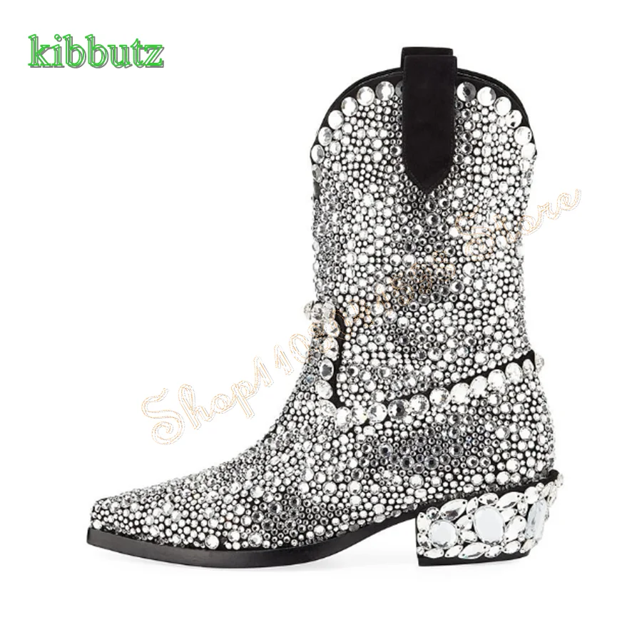 

BlingBling Crystal Rhinestone Boots,Pointed Toe Chunky Mid Calf Boots Fashion Party Women Shoes 2023 New Zapatos Para Mujere