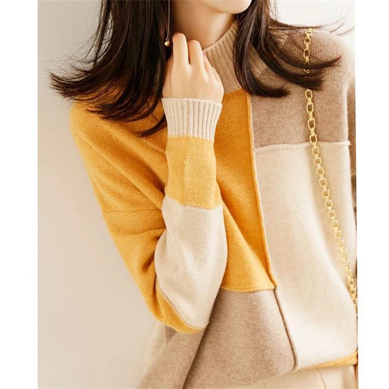 Autumn Winter Women Korean Contrast Color Half High Collar Knitted Sweater Casual Streetwear Long Sleeve Loose Tops Chic Jumpers