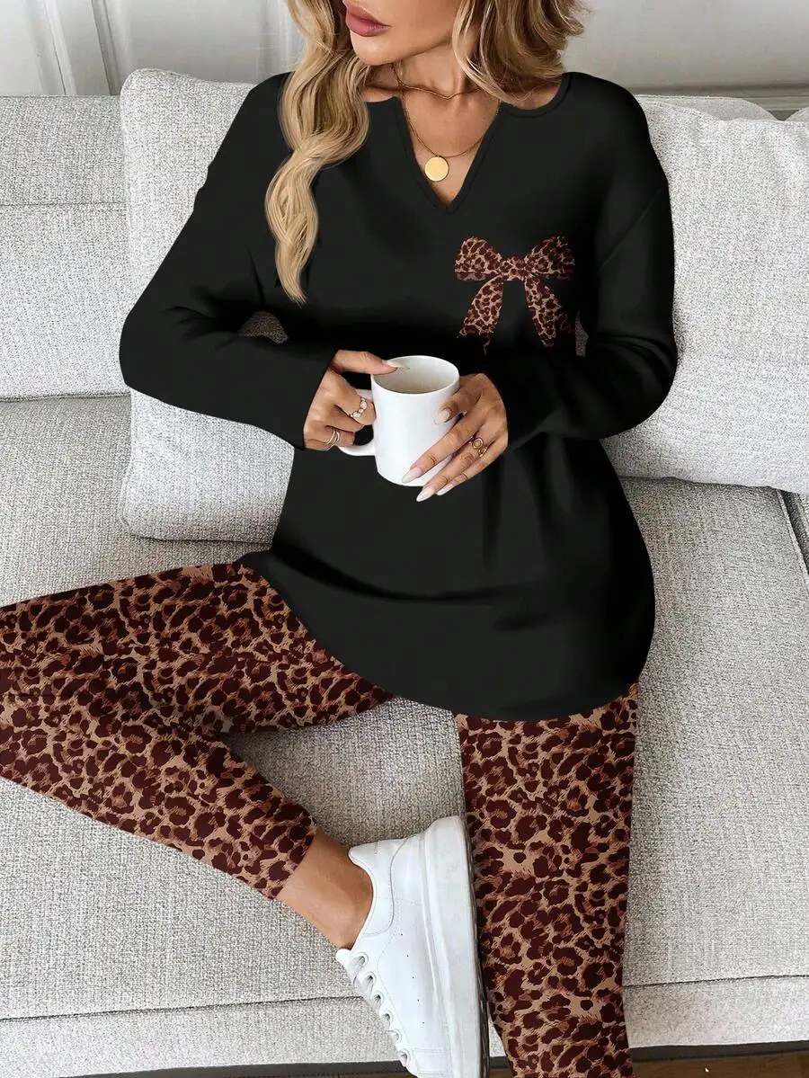EMERY ROSE Conjunto de 2 piezas para mujer, talla grande, informal, con decoración de lazo de leopardo, camiseta de manga larga y leggings, otoño/invierno