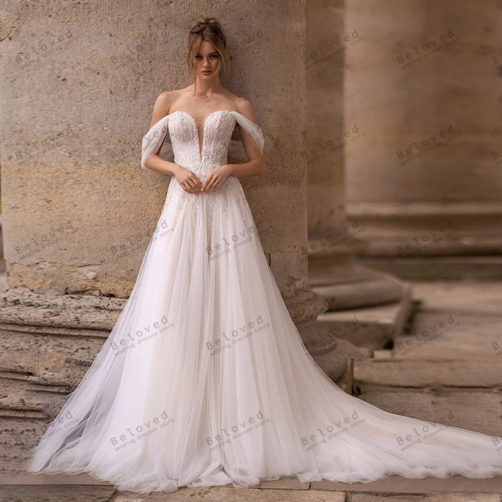 Abiti da sposa graziosi A-Line Tulle Abiti da sposa a strati con spalle scoperte Abiti per feste formali Graziosi abiti da sposa 2025