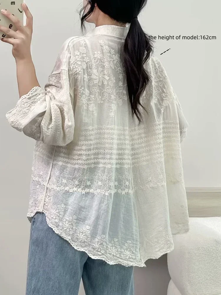 Cotton Floral Embroidery Long Sleeve Loose Tunic Shirt Vintage Retro Chic Rococo Classy Youth Blouse Smock