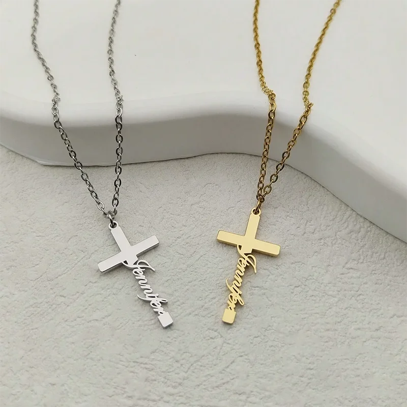 Custom Stainless Steel Cross Name Necklace For Women Gold Color Letter Pendant Necklaces Women Jewelry Gift