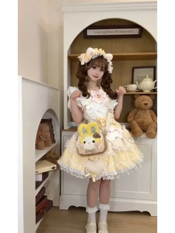 Sweet Lolita gele taartrok Princ Sle Dr met strik taille Cinching Flng Sve schort set ort Sve Summer Dr