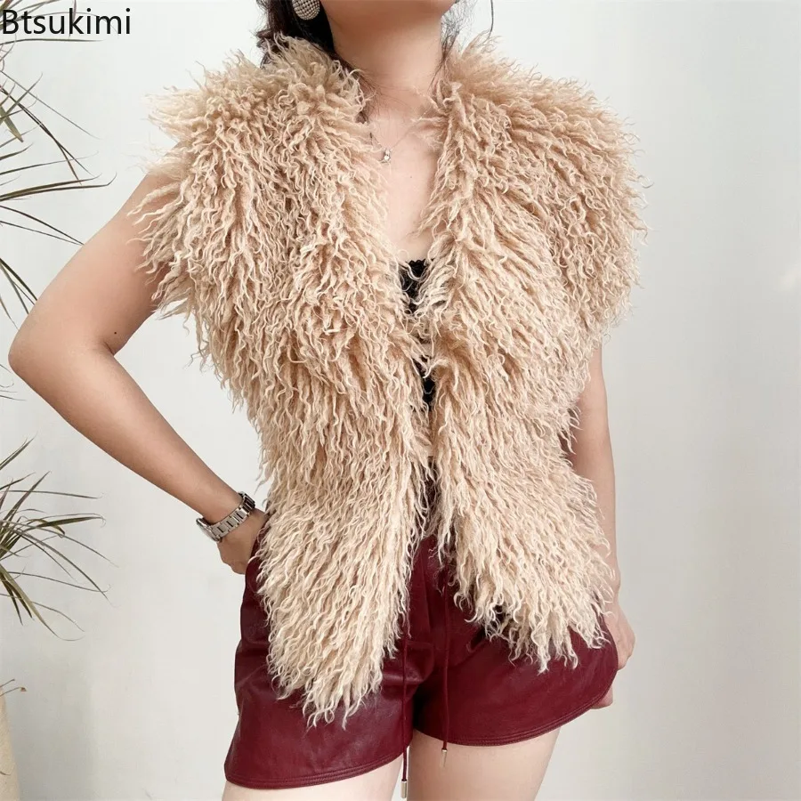 

Новинка 2026: Модный женский жилет без подкладки из искусственного меха и шерсти, с открытой спиной, без рукавов, на шее, для зимы