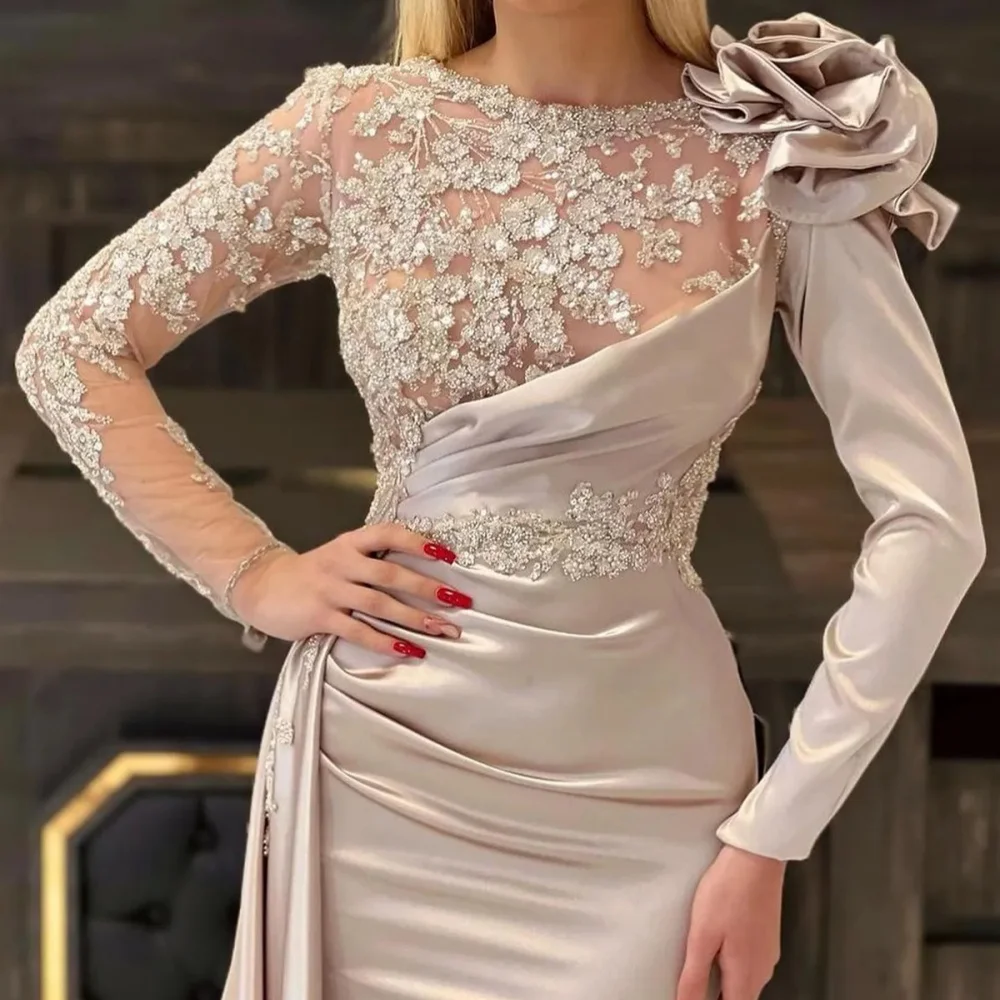 2024 Light Champagne Color Evening Gown Pleated Formal Crystal Beaded Jewelry Neck Elegant Mermaid Long Sleeve Prom Party Dress