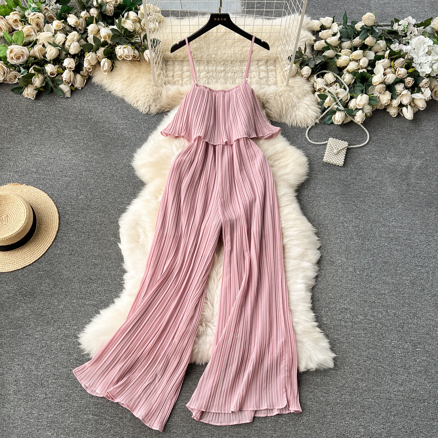 

Elegant Pleated Ruffle Off Shoulder Sling Top Jumpsuit Vintage High Waist Beach Casual Wide Leg Pants Summer Women Playsuit