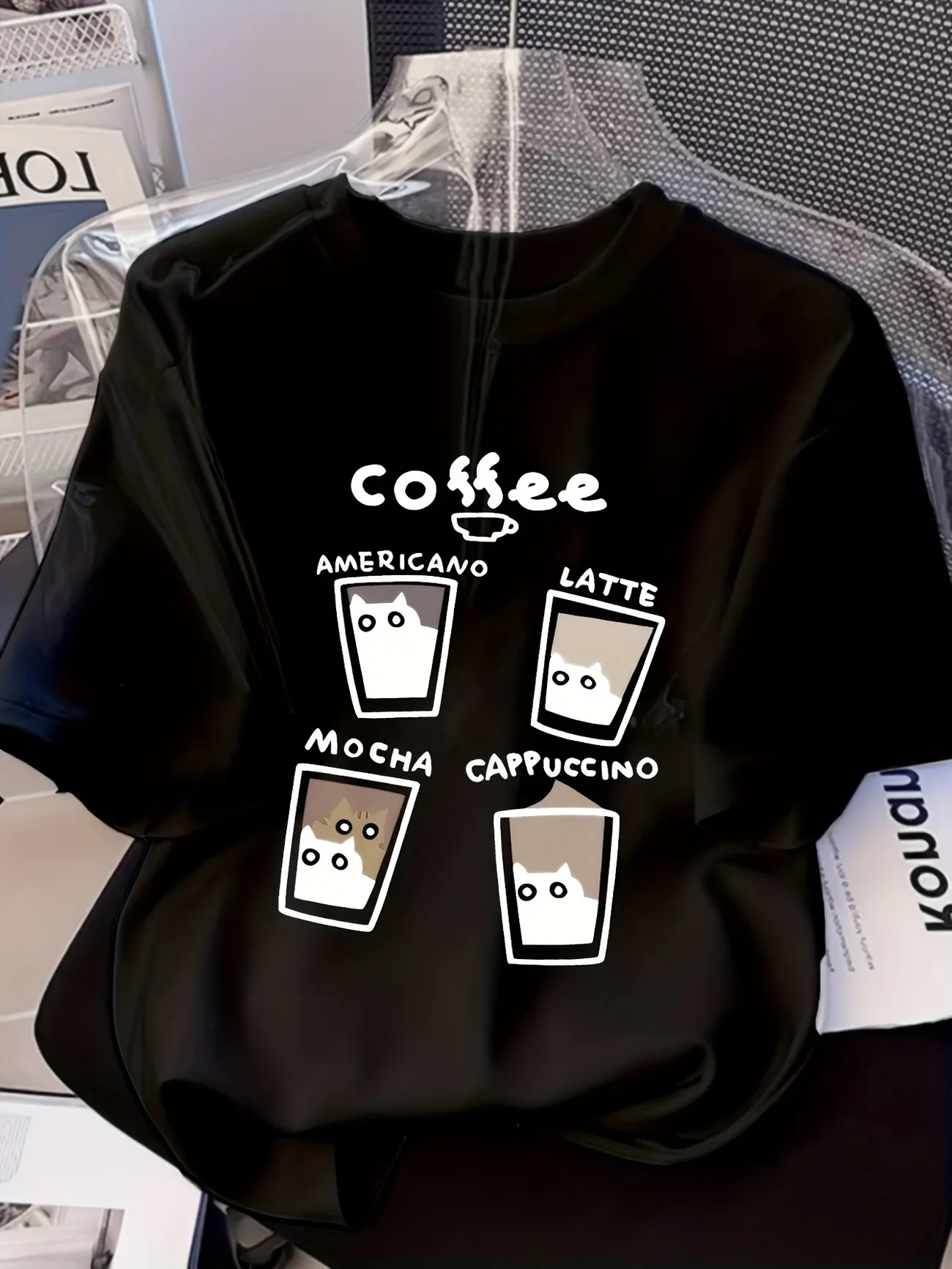 Kawaii Coffee Cat 100% Baumwolle Damen Streetwear Katzen-T-Shirt Weiches Rundhals-Kurzarm-Oberteil Locker geschnittenes T-Shirt – Detail 2