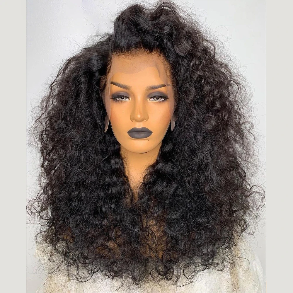 Long  Kinky Curly 26Inch 180Density Natural Black Lace Front Wig For Women With Baby Hair Preplucked Daily Wear Glueless Wig