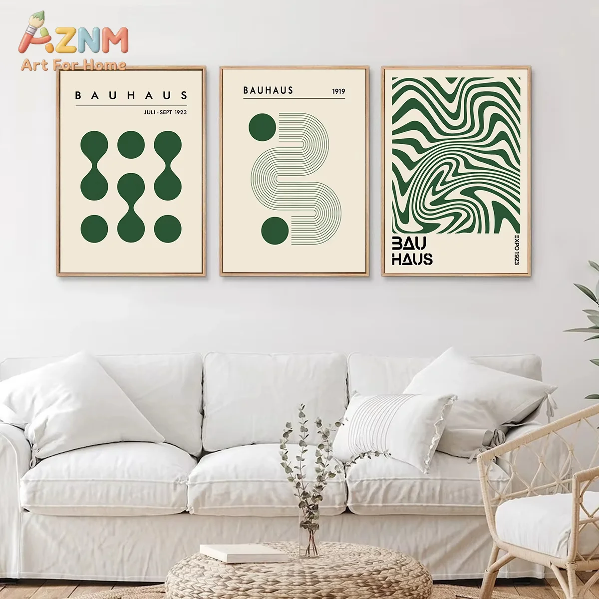 AZNM 3pcs Bauhaus Geometric Green Exhibition Prints Poster Modern Minimalist Aesthetic Canvas Painting Home Decor Poster