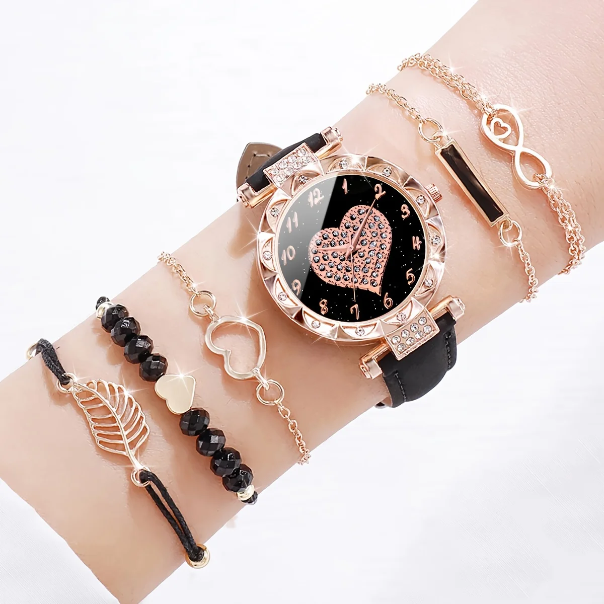 6PCS/Set Women Watches Fashion Heart Rhinestone Leather Band Quartz Watch Heart Leaf Bracelets Set(Without Box)