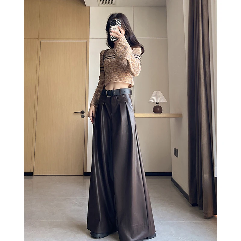 MEXZT أسود بولي Leather جلد بنطال ذو قصة أرجل واسعة النساء الشارع الشهير حزام فضفاض الأحمر دعوى السراويل الشتاء Harajuku الكورية عادية مستقيم بنطلون