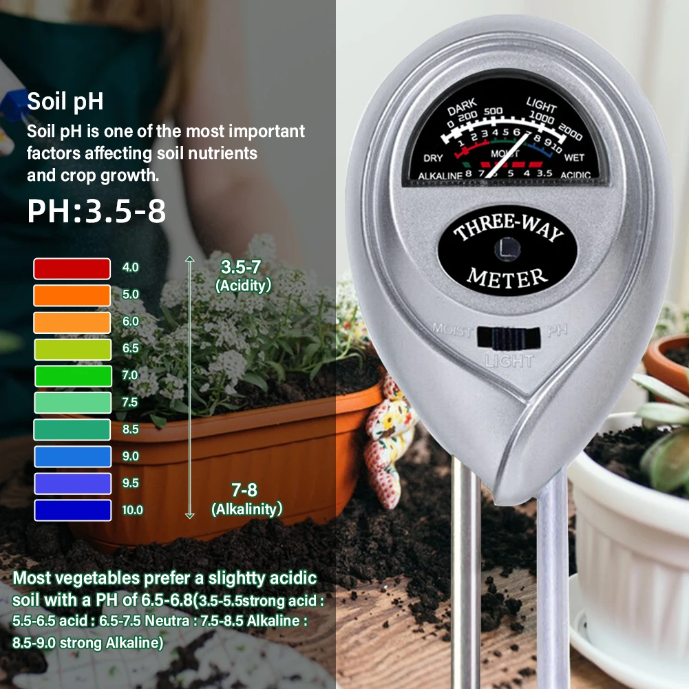 3 in 1 Soil PH Meter Acidity/Sunlight/Moisture Tester Hygrometer Sensor for Garden Planting Lawn Farm Indoor Outdoor No Battery