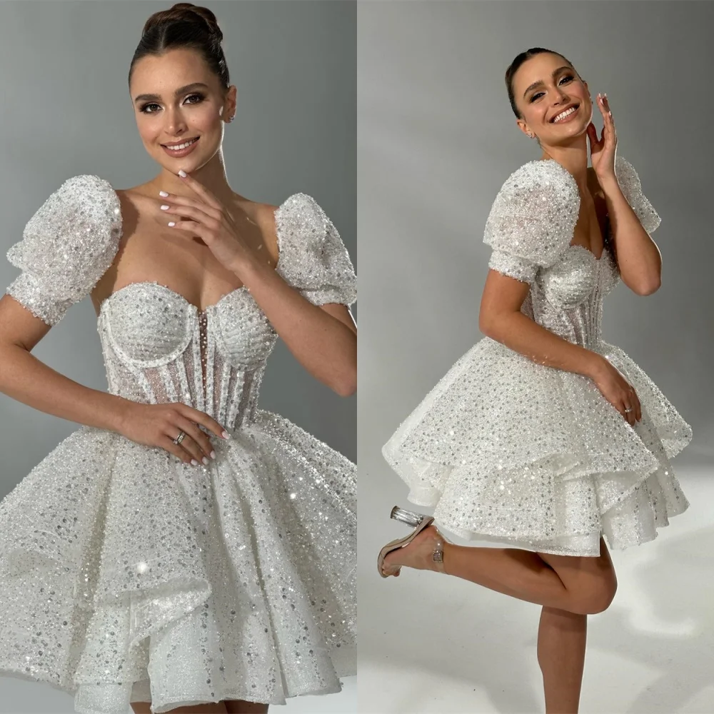 Vestido de novia elegante personalizado con lentejuelas de Organza blanca, exquisitos vestidos de novia de manga corta sin tirantes y manga desmontable