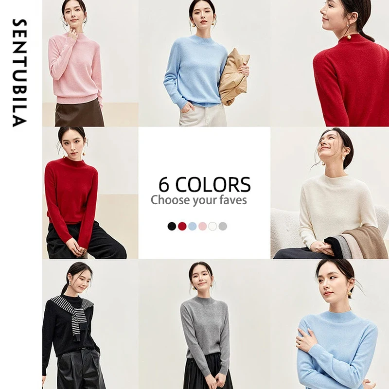 SENTUBILA 100% Wool Sweater Women Pullovers 2024 Winter Basic Knitwear Half High Collar Long Sleeve Knit Tops Female W43H56838