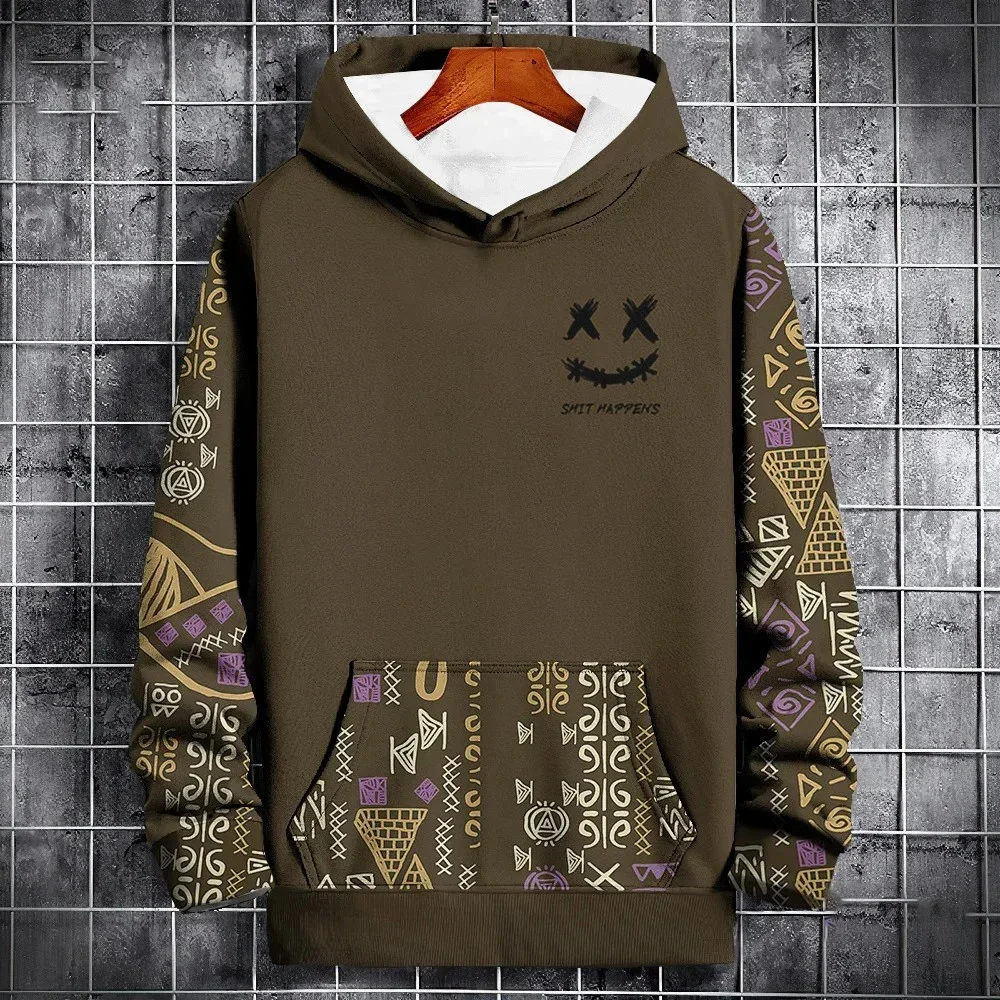 2024 New Men Spring Fall Neutral Fashion Hip Hop Oversized Hoodie Hoodie Sweatshirt 3D Printed Smile Color Block Pattern Jacket