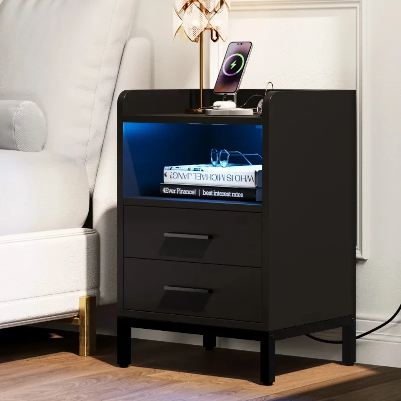 

LED Nightstand with Charging Station, Modern Bedside End Table with Drawers and Shelf, Black