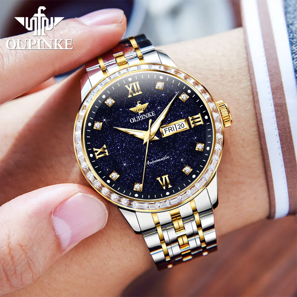 OUPINKE 3258 Men Watch Luxury Fashion Night Light Starry Sky Watch Brand Men Sapphire Mirror Original Automatic Mechanical Watch