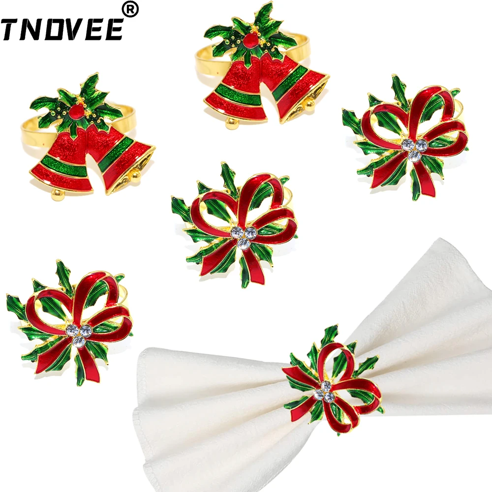 6Pcs Christmas Napkin Rings Crystal Bows Jingle Bell Napkin Holder Metal Serviette Ring for Wedding Xmas Party Table Decoration