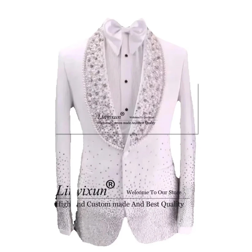 

Sparkly Beaded Men Suits Shawl Lapel Groom Wedding Tuxedos 3 Pieces Sets Male Prom Blazers Customzied Terno Masculinos Completo