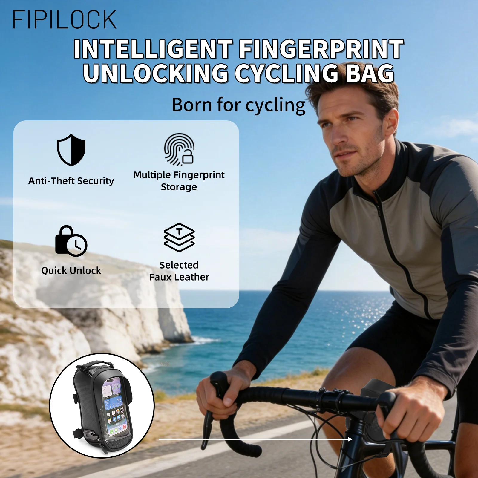 FIPILOCK Bicycle Front Beam Bag Front Tube Cycling Bag with Smart Fingerprint Unlock Waterproof Touch Screen High Capacity