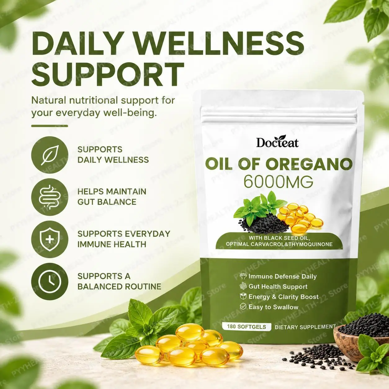 Oregano Oil Softgels 6000mg Blended with Black Seed Oil, Supports Immune Health & Gut Balance, Easy To Swallow, 180 Softgels