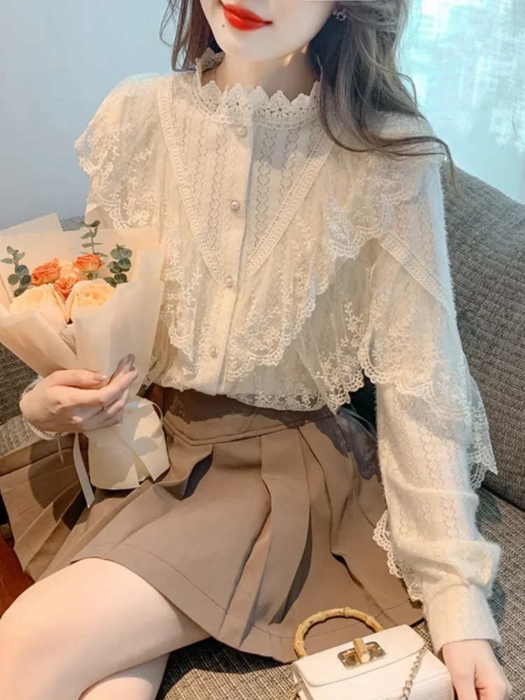 Women\'s Lace Shirts Blouses Y2k Vintage Aesthetic Harajuku 2000s Elegant Fashion Solid Color Long Sleeve Shirt Top Clothes 2024