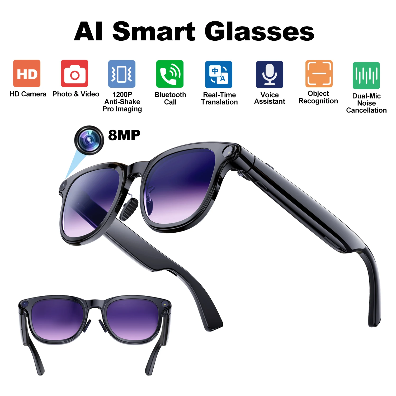 

A2 AI Smart Glasses with 800W HD Camera Bluetooth Call Voice Assistant Touch Control Music Player Translation Smart Glasses New