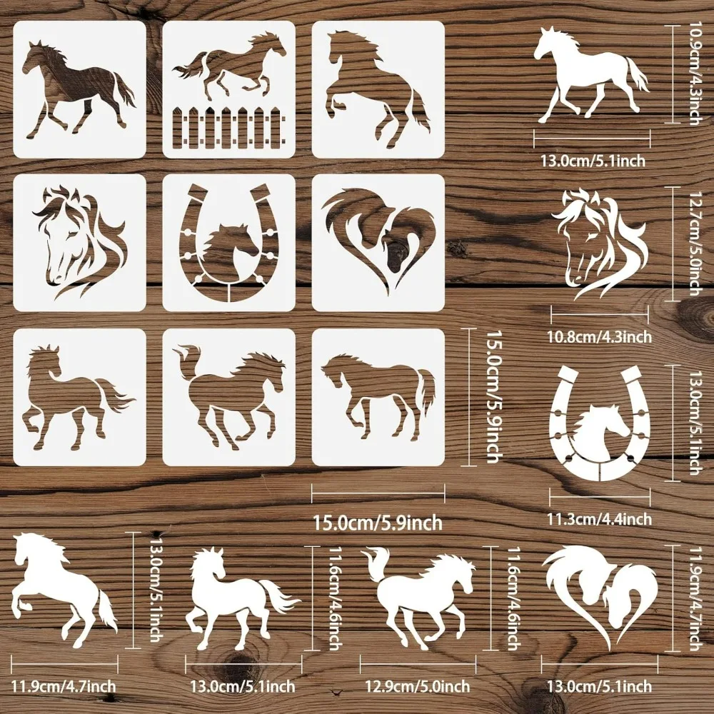 9 Pcs Horses Stencil 5.9x5.9inch Reusable Horse Farm Running Horse Painting Template DIY Horse Head Drawing Stencil Animal