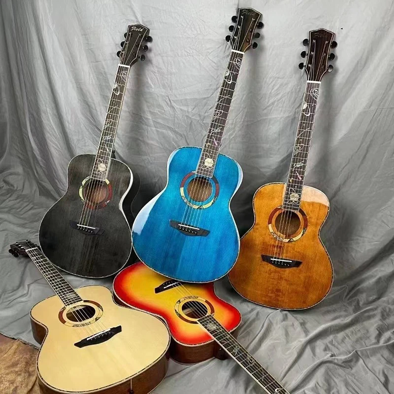 36-Inch Glossy Antique OM Style Acoustic Guitar Solid Spruce Top Mahogany Body Indian Rosewood Fretboard Good Sound OEM