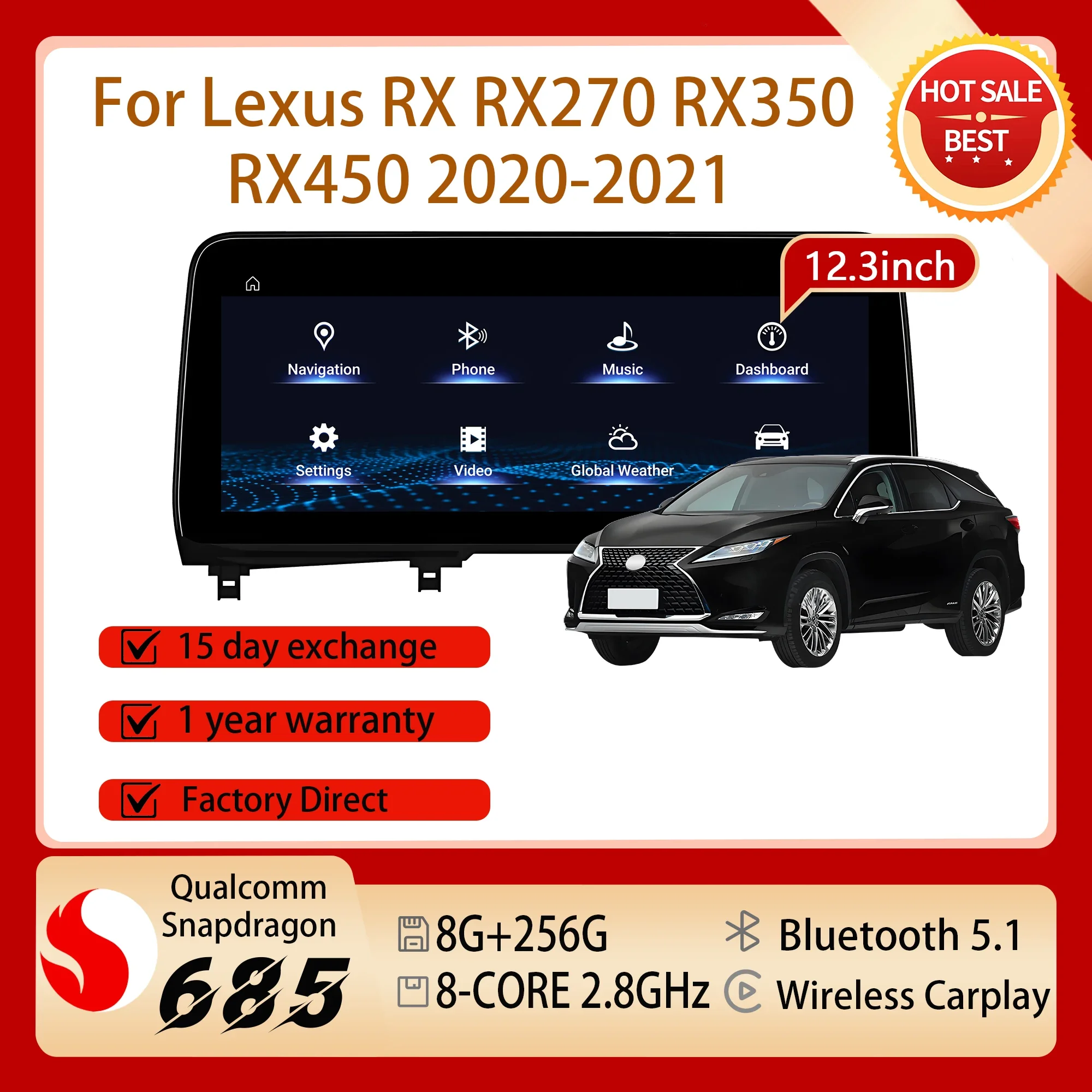 12.3 inch GPS Navi Car Radio Multimedia For Lexus RX RX270 RX350 RX450 2020 2021 Snapdragon 685 Android 14 Carplay Touch Screen