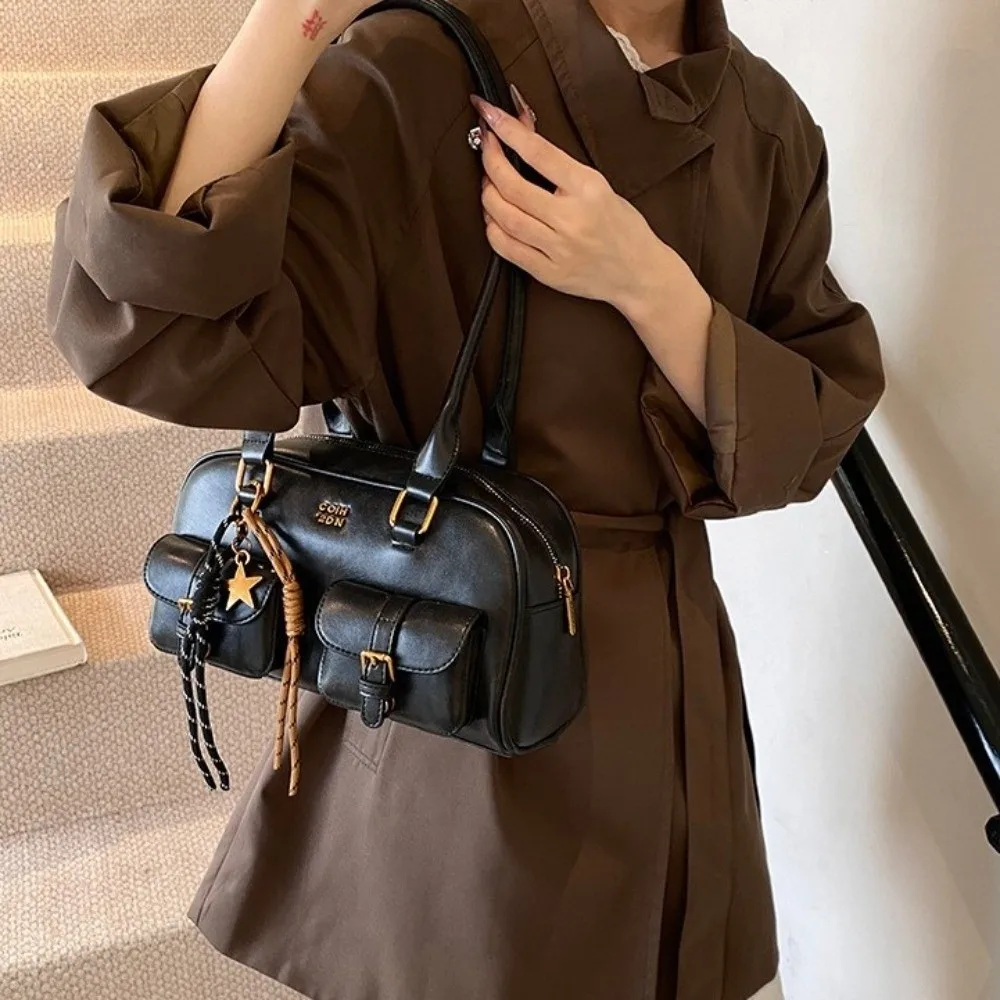 

Portable JK Leather Shoulder Bag Solid Color Handheld Bowling Bag Zipper Closure PU Leather Hobo Bag Girl