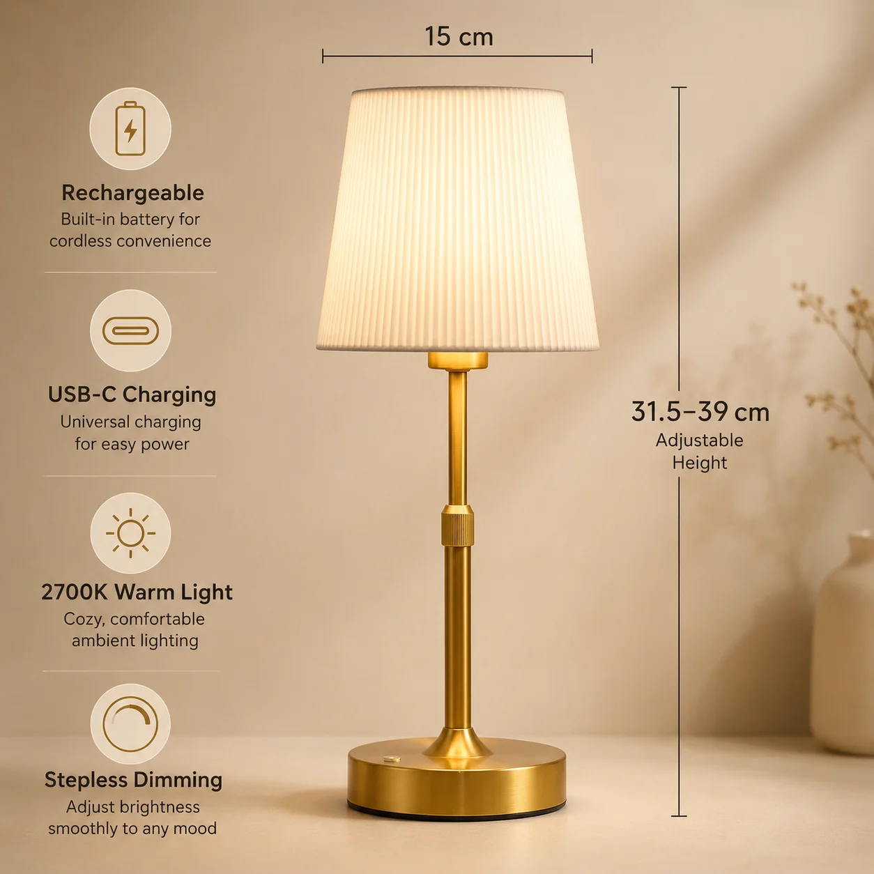 Adjustable‑Height Desk Lamp, Pleated Fabric Shade Living‑Room Bedside Warm LED Light For Household Reading Lovers