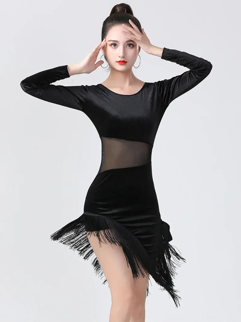 المرأة اللاتينية ملابس رقص الإناث الكبار الكورية المخملية شرابة Dancewear مرحلة الأداء مثير شبكة لصق فستان زي