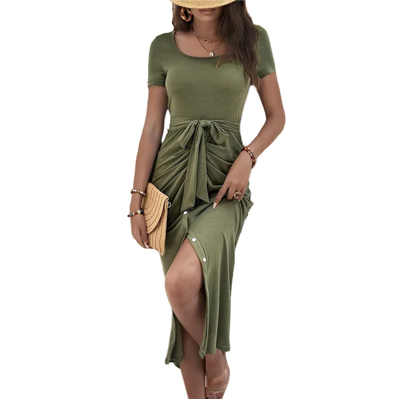 【SEE】 Robe t-shirt Maxi d'été 2025 pour femmes, manches courtes, col rond, cravate à la taille, coupe cintrée, fente moulante, robes froncées
