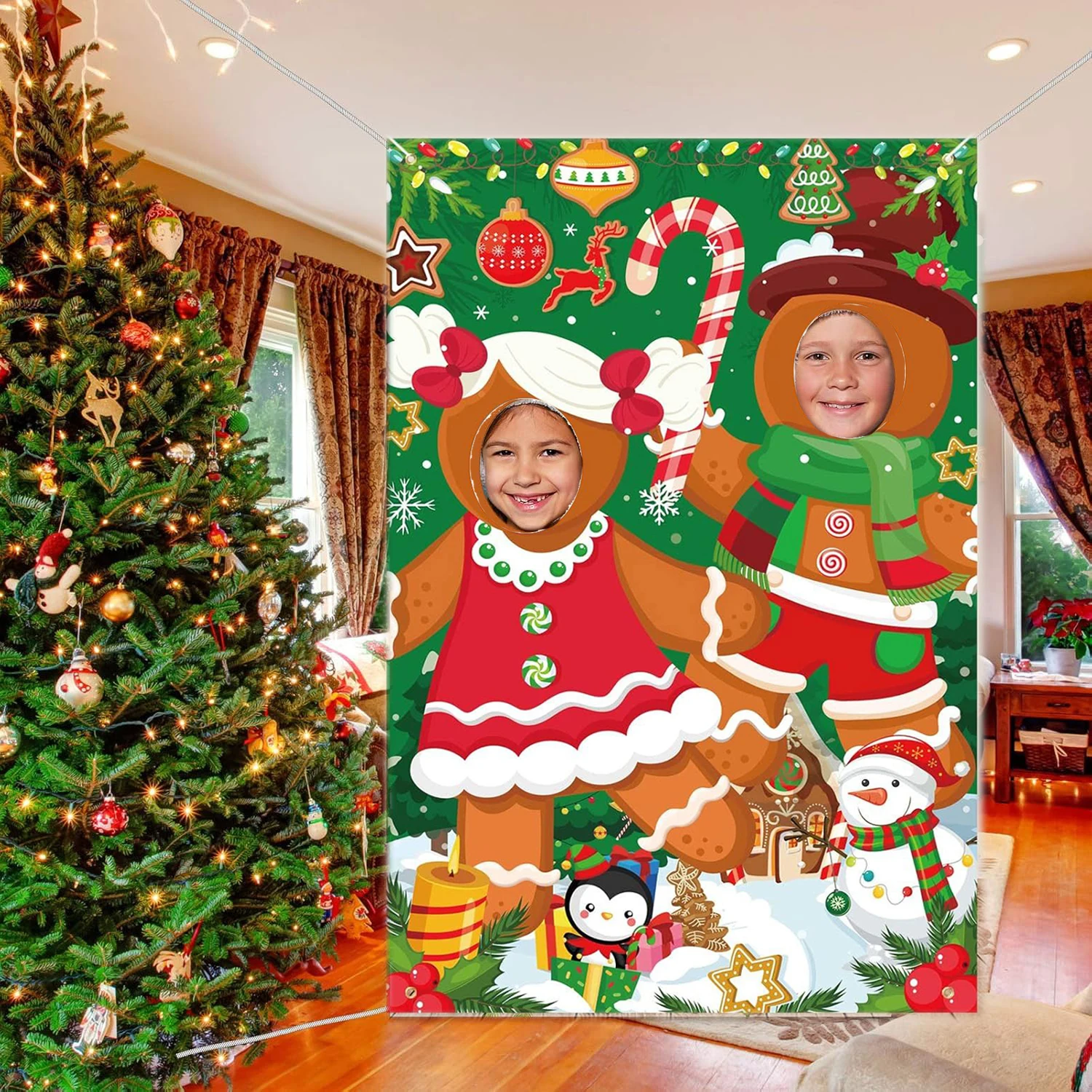 1.5 * 1M Fun Gingerbread Man Face Exposure Background Cloth Christmas Party Background Photo Decoration