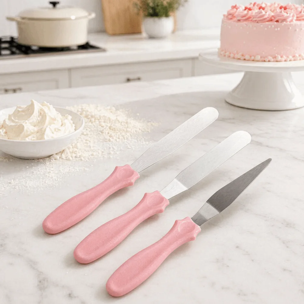 3PCS Stainless Steel Cake Cream Spatulas Food Grade PP Different Blade Shapes Baking Spatulas Set Angled Rounded Blade Tips