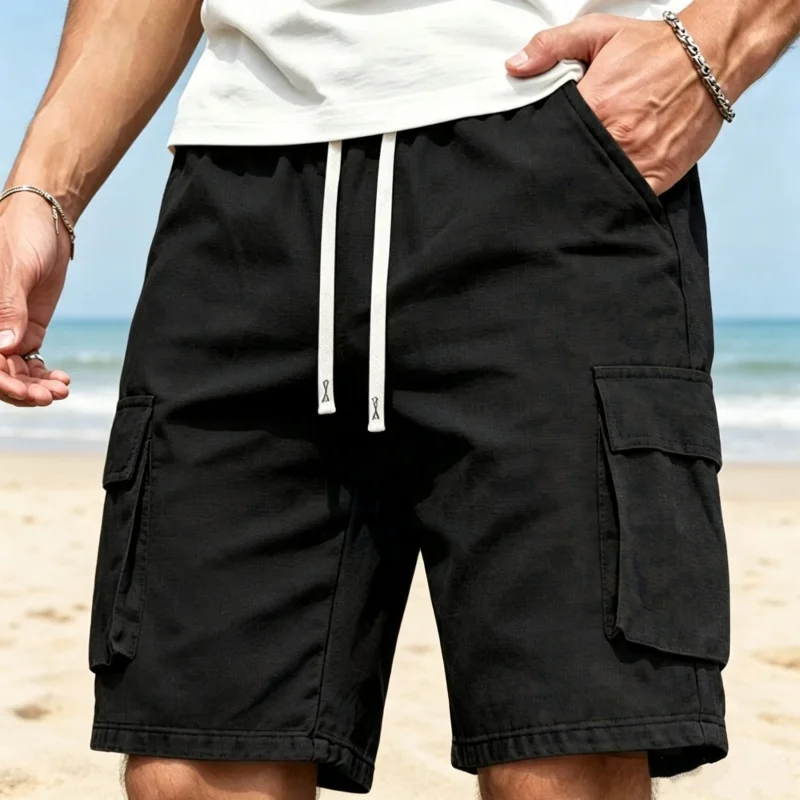 Men Loose Straight Pants Casual Multi-Pocket short pants Lightweight thin summer beach shorts Drawstring Daily men cargo shorts