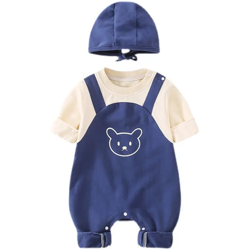 Baju bayi baru lahir, Jumpsuit Super lucu, warna kontras suspender dan tudung luar ruangan dengan topi musim gugur