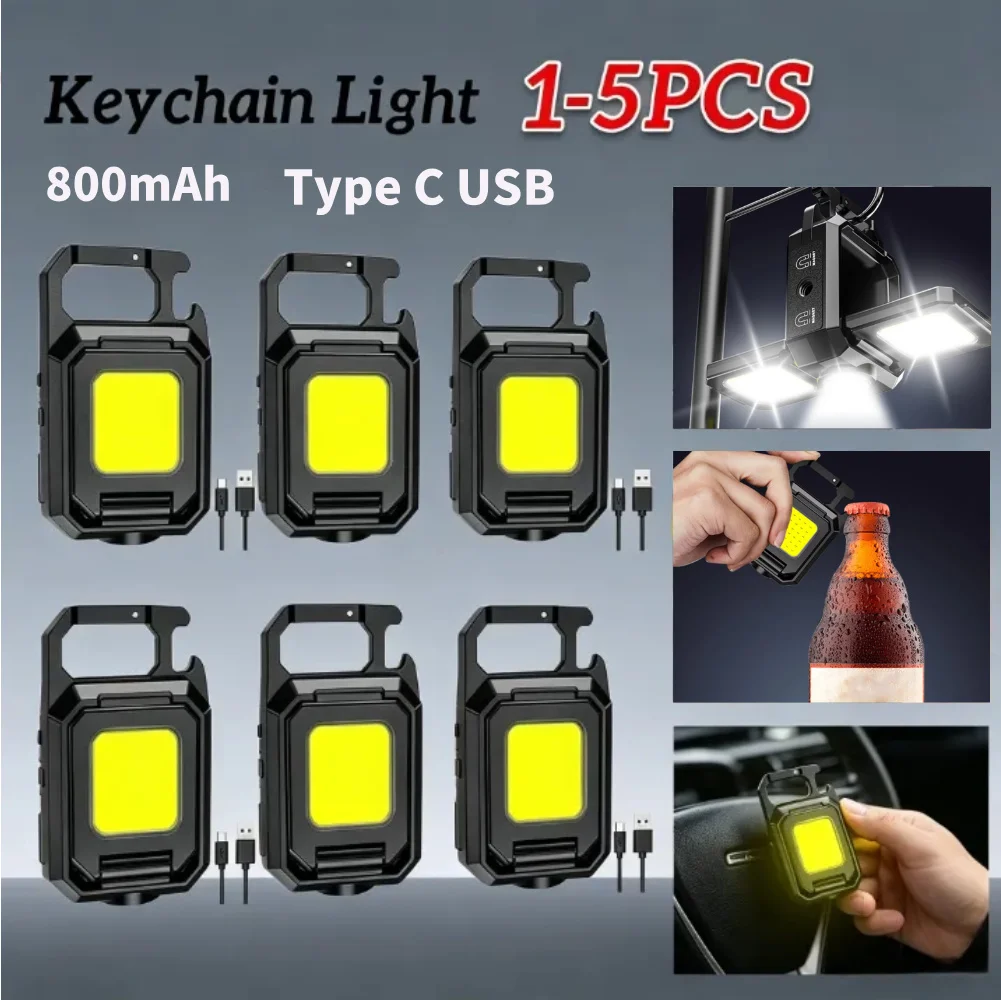 XPE Mini Keychain Light 800mAh COB LED Pocket Flashlight Type-C USB Rechargeable IPX4 Waterproof for Outdoor Camping Hiking