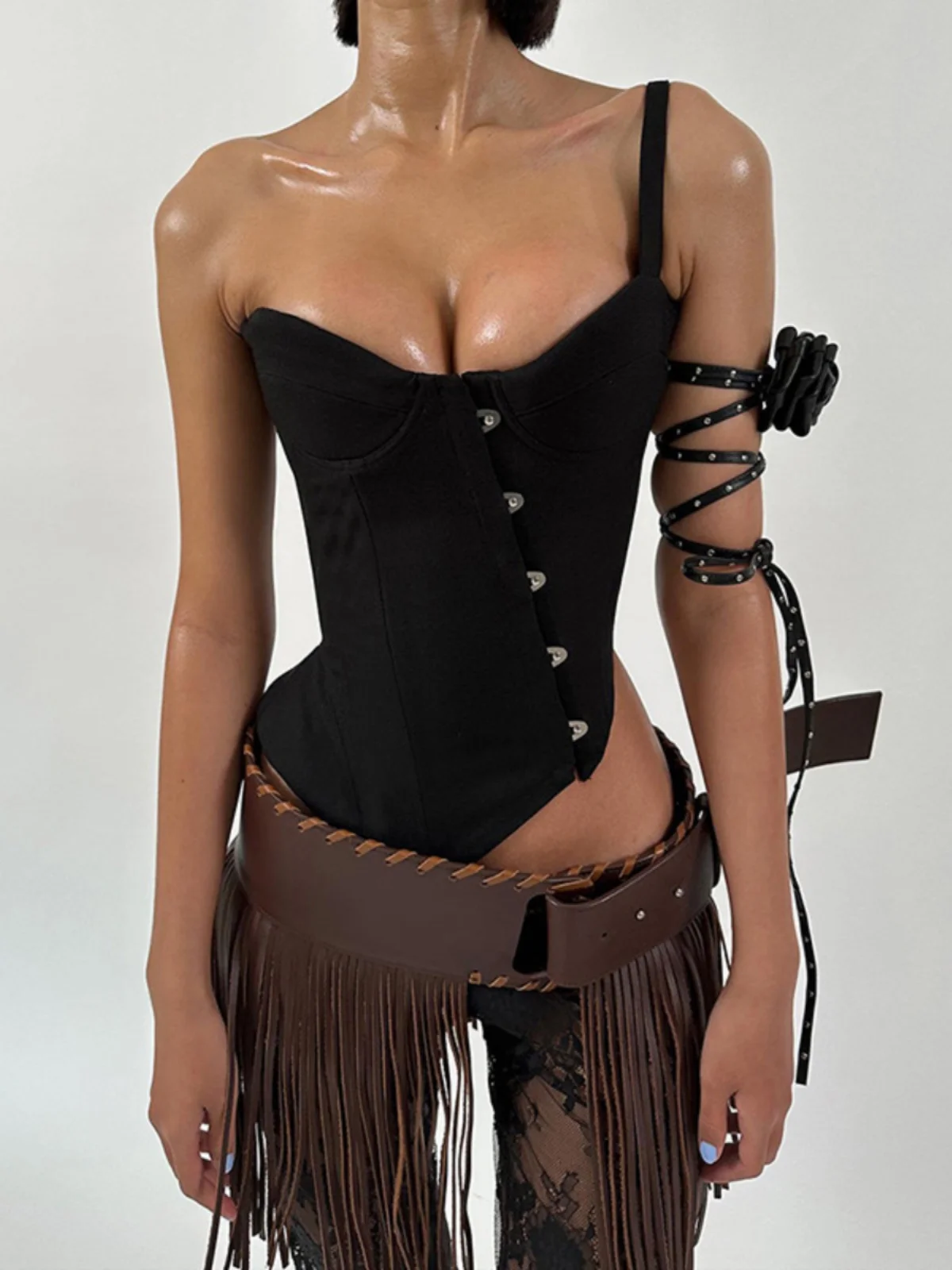 

Bla Cool Fibone Metal Hook Strapl Bal Asymmetric Slant Function Vest Svel Trendy Spicy Sle Women's T...