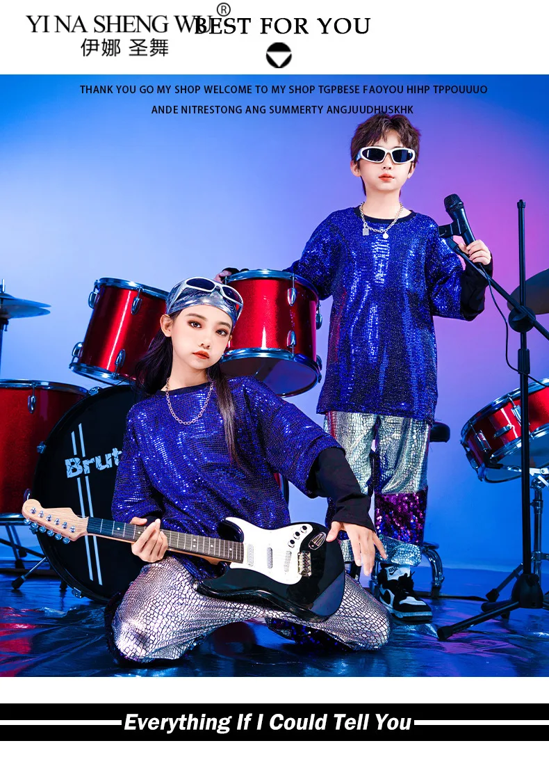 Childrens Hip Hop Dance Outfits Boys Girls Street Performance Costume Cool Stage Wear Sparkle Sequin New Year Party Clothing