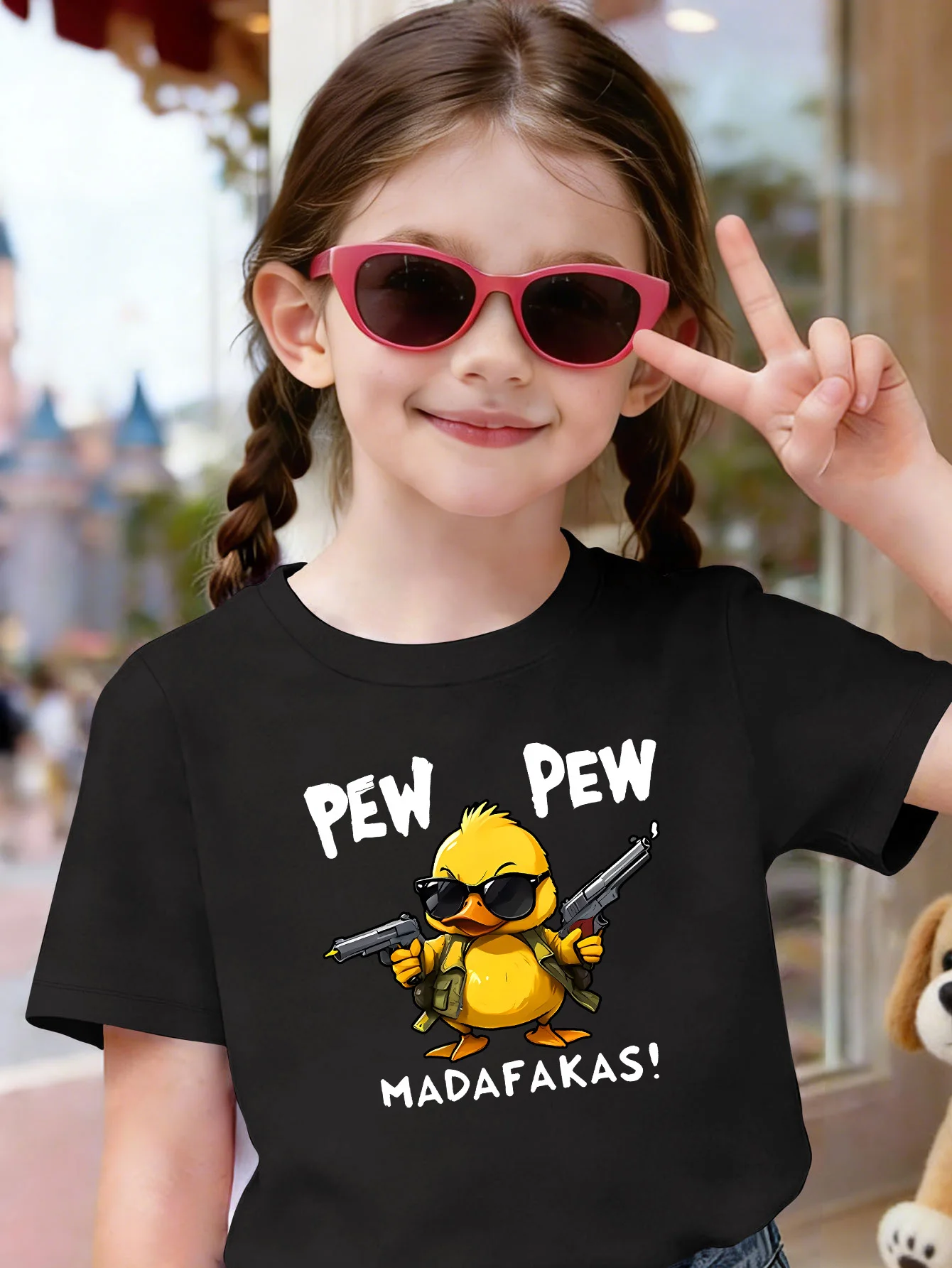 Stylish Gun Yellow Duck Sunglasses Cartoon Print Kids Tee Boys Girls Cotton Summer Soft Casual Unisex Kids Short Sleeve Shirts