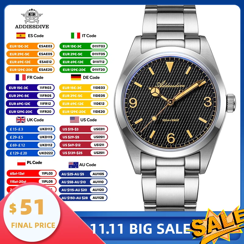 

ADDIESDIVE New AD2096 Men's Analog Watch Bubble Mirror Glass 100m Luminous Men's Quartz Watches with Stainless Steel Bracelet