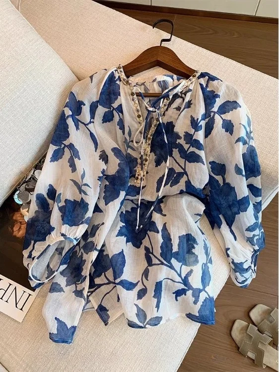 

Blue Floral Print Belted V-Ne Beaded irt Women's Summer New Sle High-End Feeling Sunscreen Thin Linen Top Korean Loose Fit