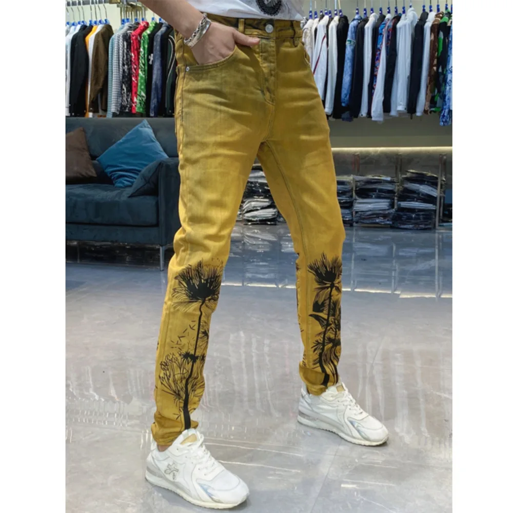 Men's Slim Fit Denim Pencil Pants Old Tree Print Elastic Jeans High Street Trousers Fashion Skinny Pantalones Streetwear