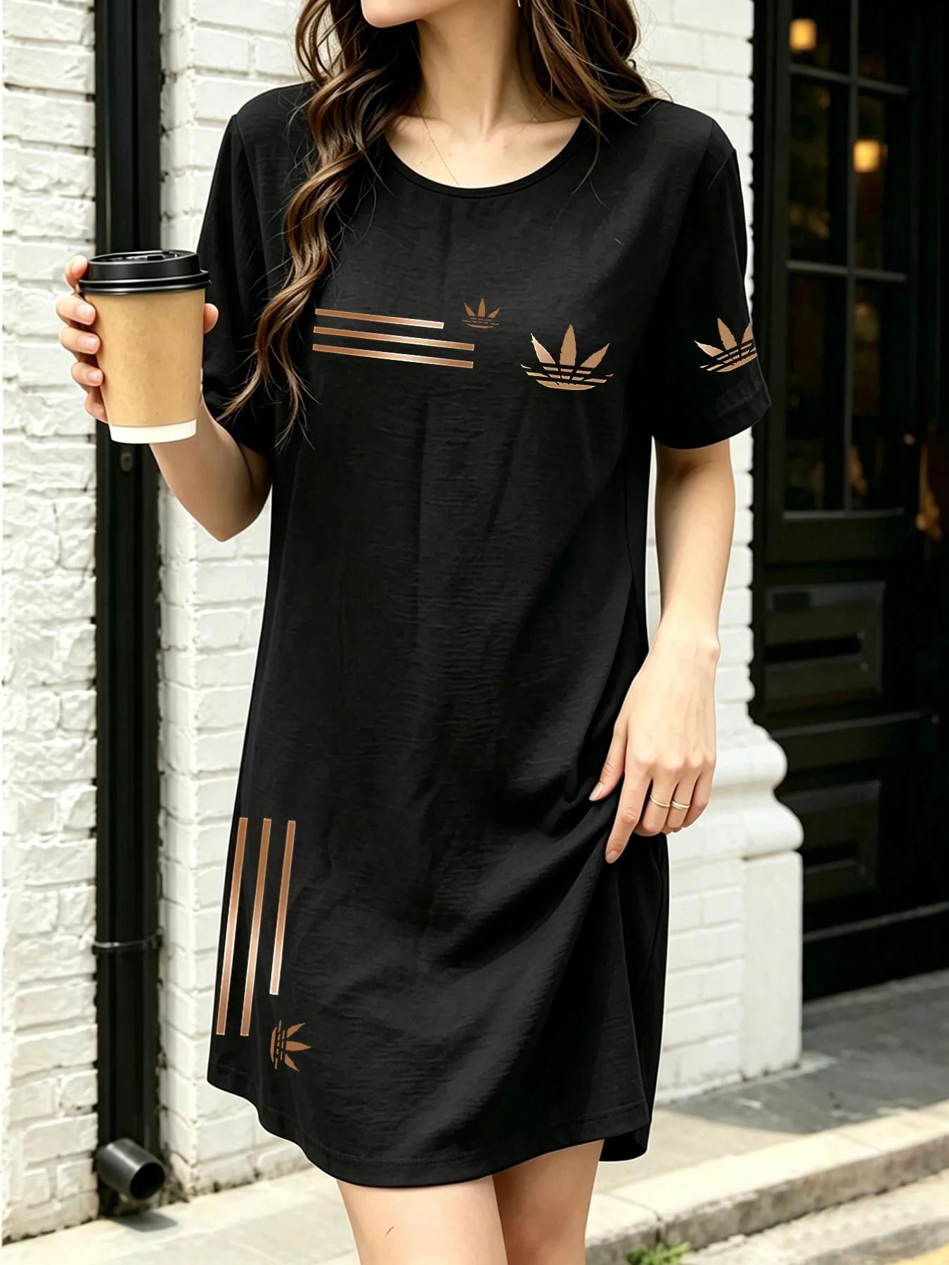 

Summer Thin Breathable Printed T-Shirt Dress, Trendy Cool Clover Print Casual Style Versatile Slimming Mid-Length Dress