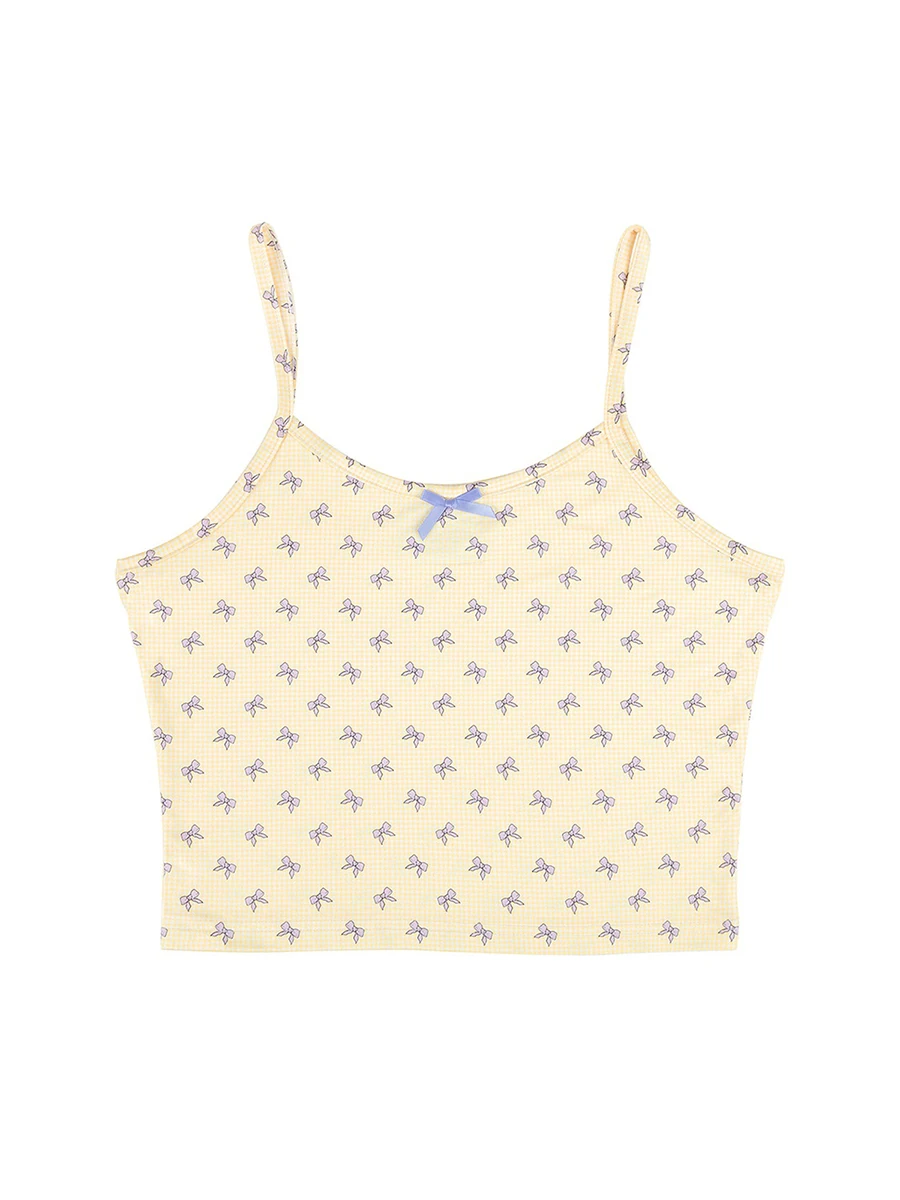 Conjunto de pijama feminino com estampa de laço, camisola sem mangas com shorts, roupa de dormir