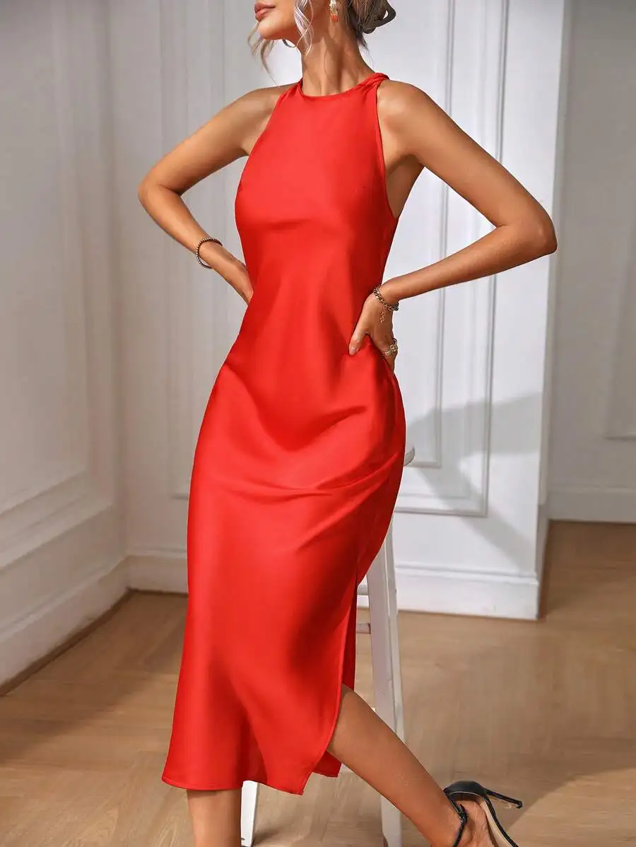 Red Solid Halter Neck Maxi Dress with Side Slit for Evening Party