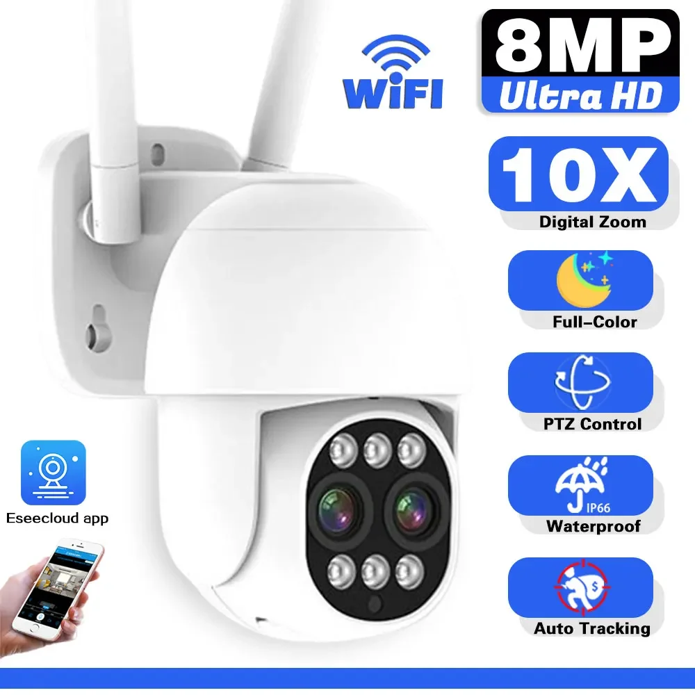 

4K WIFI Surveillance Camera 8MP Dual Lens CCTV Outdoor Wireless Security IP Cameras PTZ 10x Zoom Night Vision Smart Camera 360°