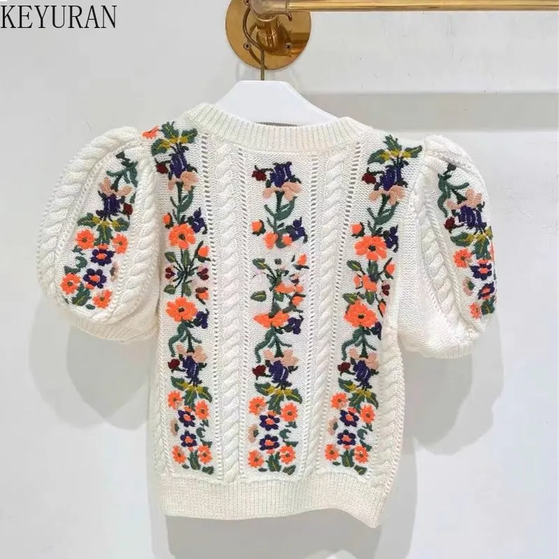 Flower Embroidery Short Sleeve Sweater Women Fashion Hollow Out Design O-Neck Slim Pullover Knitwear Crop Top 2024 Spring Summer